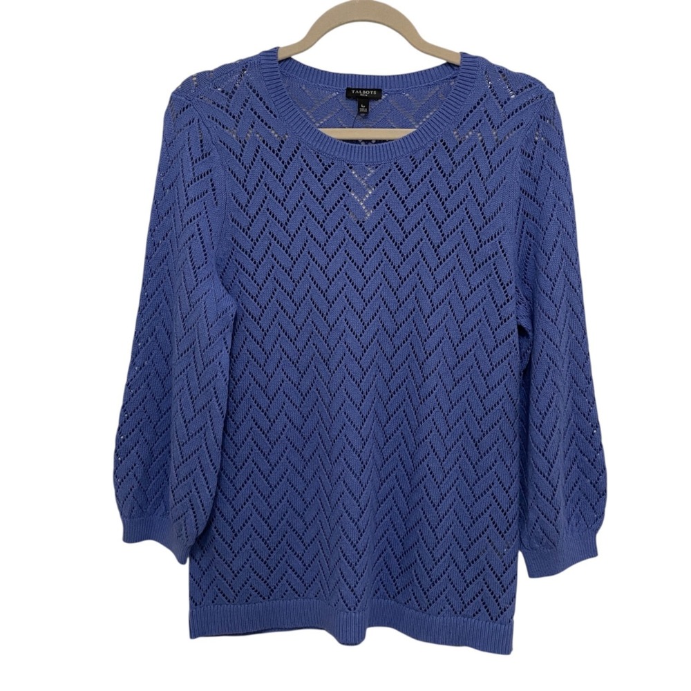 Talbots Sweater‎ Womens Petite Large PL Blue Cotton Linen Pointelle Chevron Knit